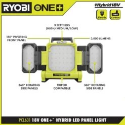 Ryobi ONE+ 18V Cordless Hybrid 3000 Lumens LED Panel Light (Tool Only) -RYOBI TOOLS SALE ryobi jobsite lighting pcl631b 40 1000
