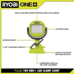 Ryobi ONE+ 18V Cordless LED Clamp Light (Tool Only) -RYOBI TOOLS SALE ryobi jobsite lighting pcl663b 40 1000