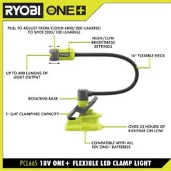 Ryobi ONE+ 18V Cordless Flexible LED Clamp Light Kit With 1.5 Ah Battery And Charger -RYOBI TOOLS SALE ryobi jobsite lighting pcl665k1n 40 1000