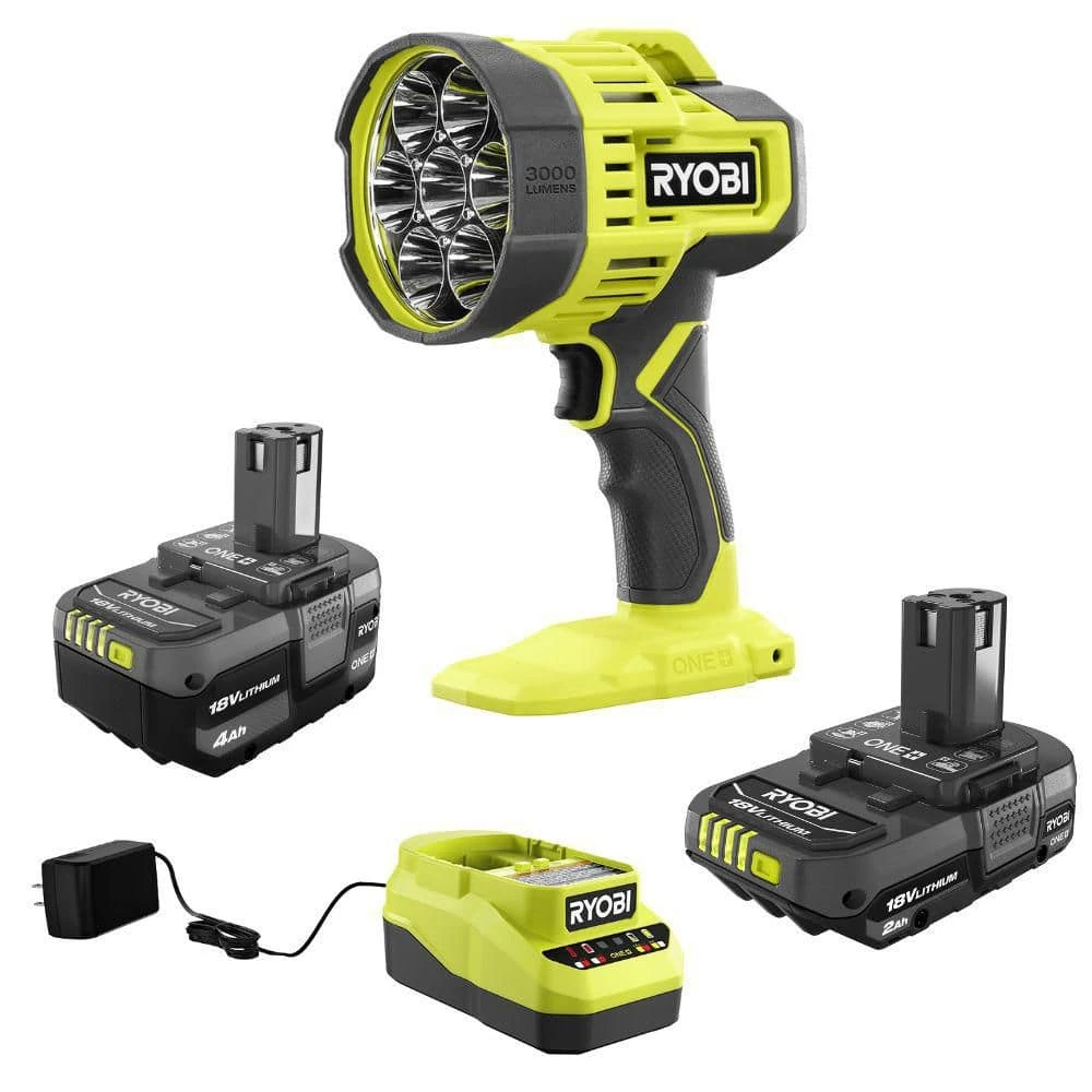 Ryobi ONE+ 18V Lithium-Ion Kit With 2.0 Ah And 4.0 Ah Batteries, Charger, And ONE+ 18V Cordless LED Spotlight 1 Ryobi ONE+ 18V Lithium-Ion Kit With 2.0 Ah And 4.0 Ah Batteries, Charger, And ONE+ 18V Cordless LED Spotlight