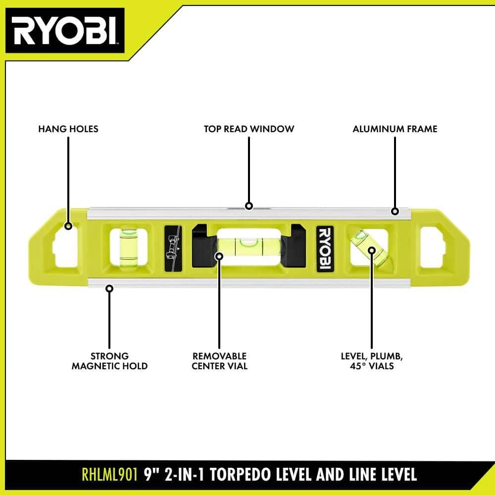 Ryobi 9 In. 2-in-1 Torpedo Level And Line Level 2 Ryobi 9 In. 2-in-1 Torpedo Level And Line Level - Image 2