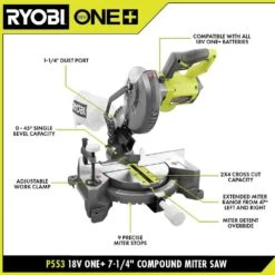 Ryobi ONE+ 18V Cordless 7-1/4 In. Compound Miter Saw (Tool Only) With 24T Carbide Thin Kerf Circular Saw Blade (1-Piece) -RYOBI TOOLS SALE ryobi miter saws p553 a067101 40 1000