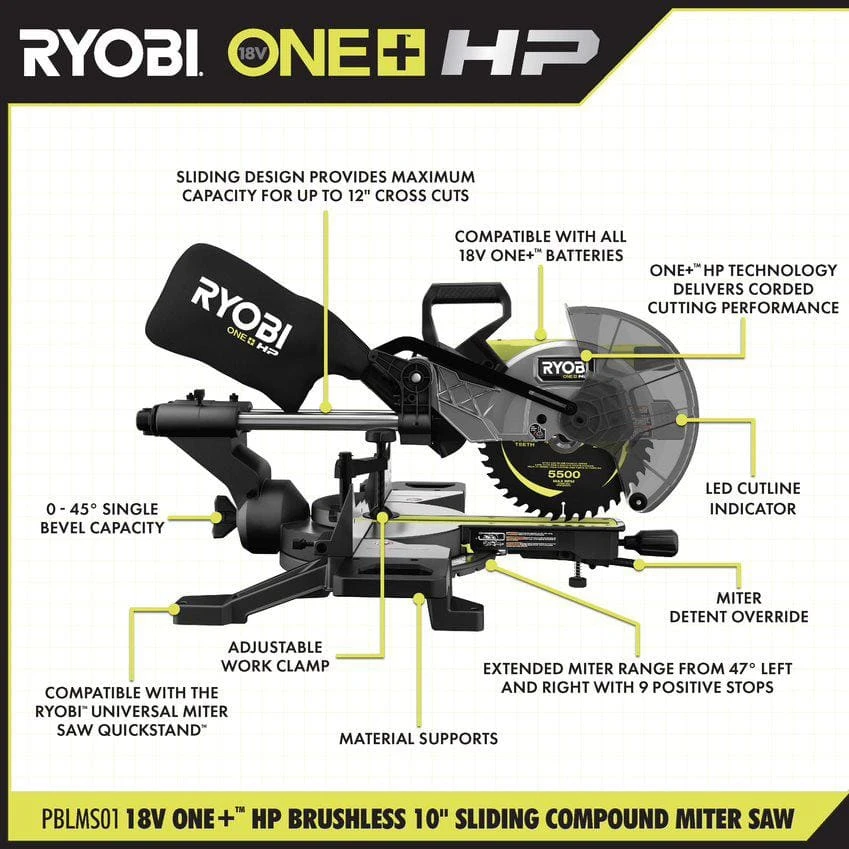 Ryobi ONE+ HP 18V Brushless Cordless 10 In. Sliding Compound Miter Saw (Tool Only) With Foldable Miter Saw QUICKSTAND 3 Ryobi ONE+ HP 18V Brushless Cordless 10 In. Sliding Compound Miter Saw (Tool Only) With Foldable Miter Saw QUICKSTAND - Image 3