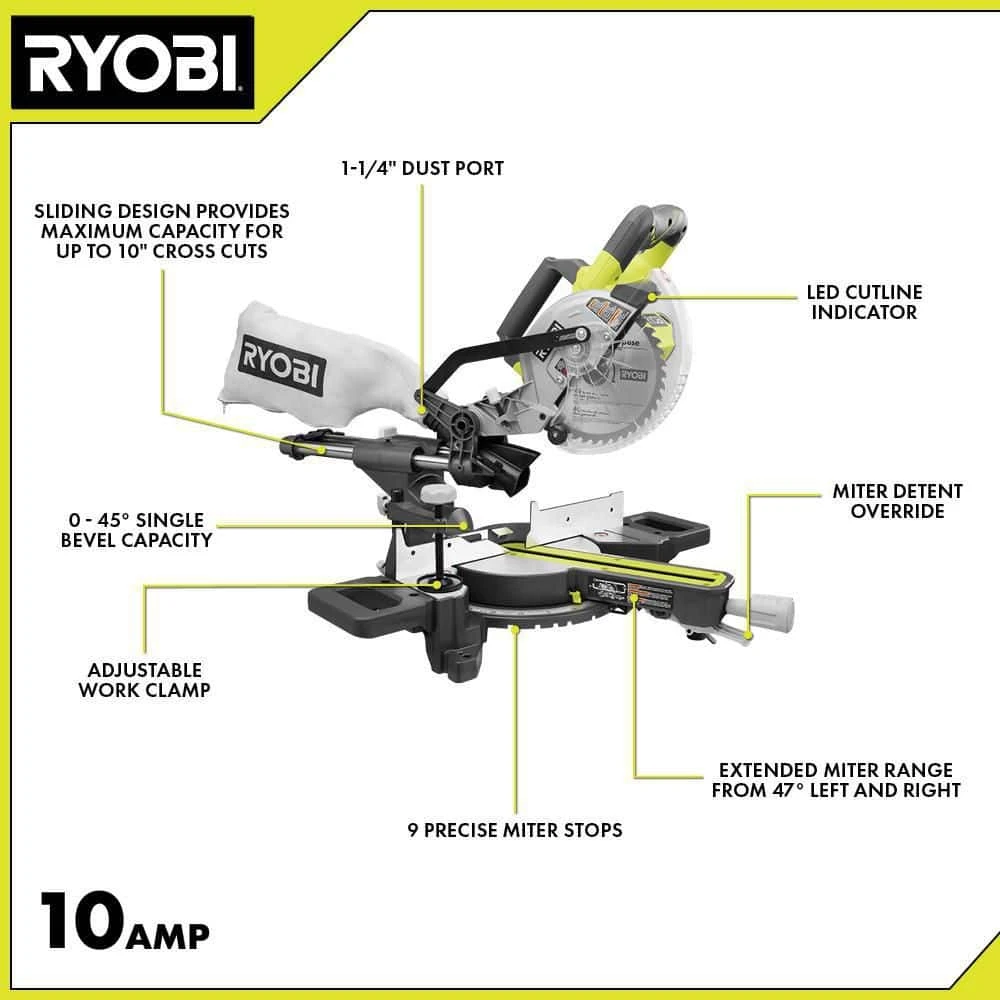Ryobi 10 Amp Corded 7-1/4 In. Compound Sliding Miter Saw 3 Ryobi 10 Amp Corded 7-1/4 In. Compound Sliding Miter Saw - Image 3