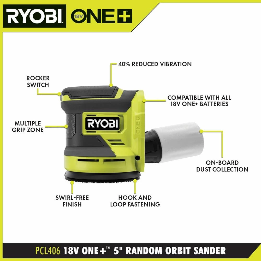 Ryobi ONE+ 18V Cordless 5 In. Random Orbit Sander With 2.0 Ah Battery And Charger Kit 3 Ryobi ONE+ 18V Cordless 5 In. Random Orbit Sander With 2.0 Ah Battery And Charger Kit - Image 3