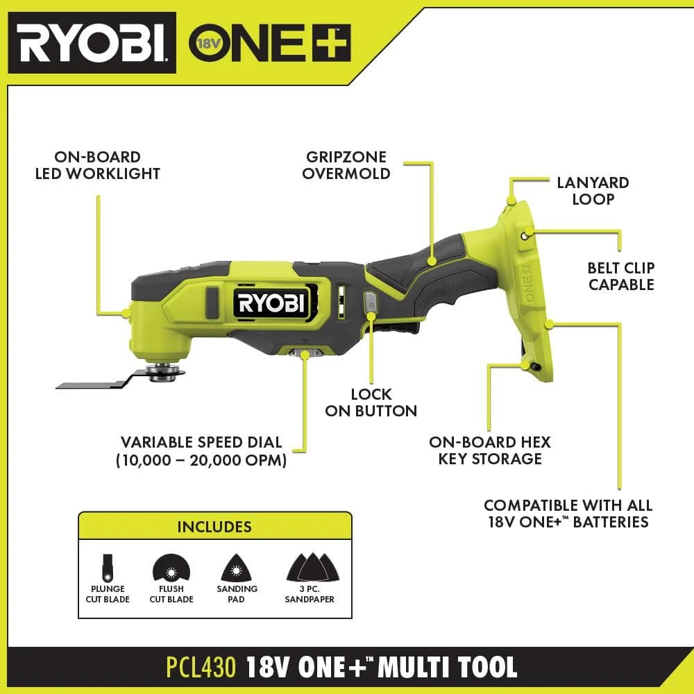 Ryobi ONE+ 18V Cordless Oscillating Multi-Tool (Tool Only) With 4-Piece Wood Oscillating Multi-Tool Blade Set 3 Ryobi ONE+ 18V Cordless Oscillating Multi-Tool (Tool Only) With 4-Piece Wood Oscillating Multi-Tool Blade Set - Image 3