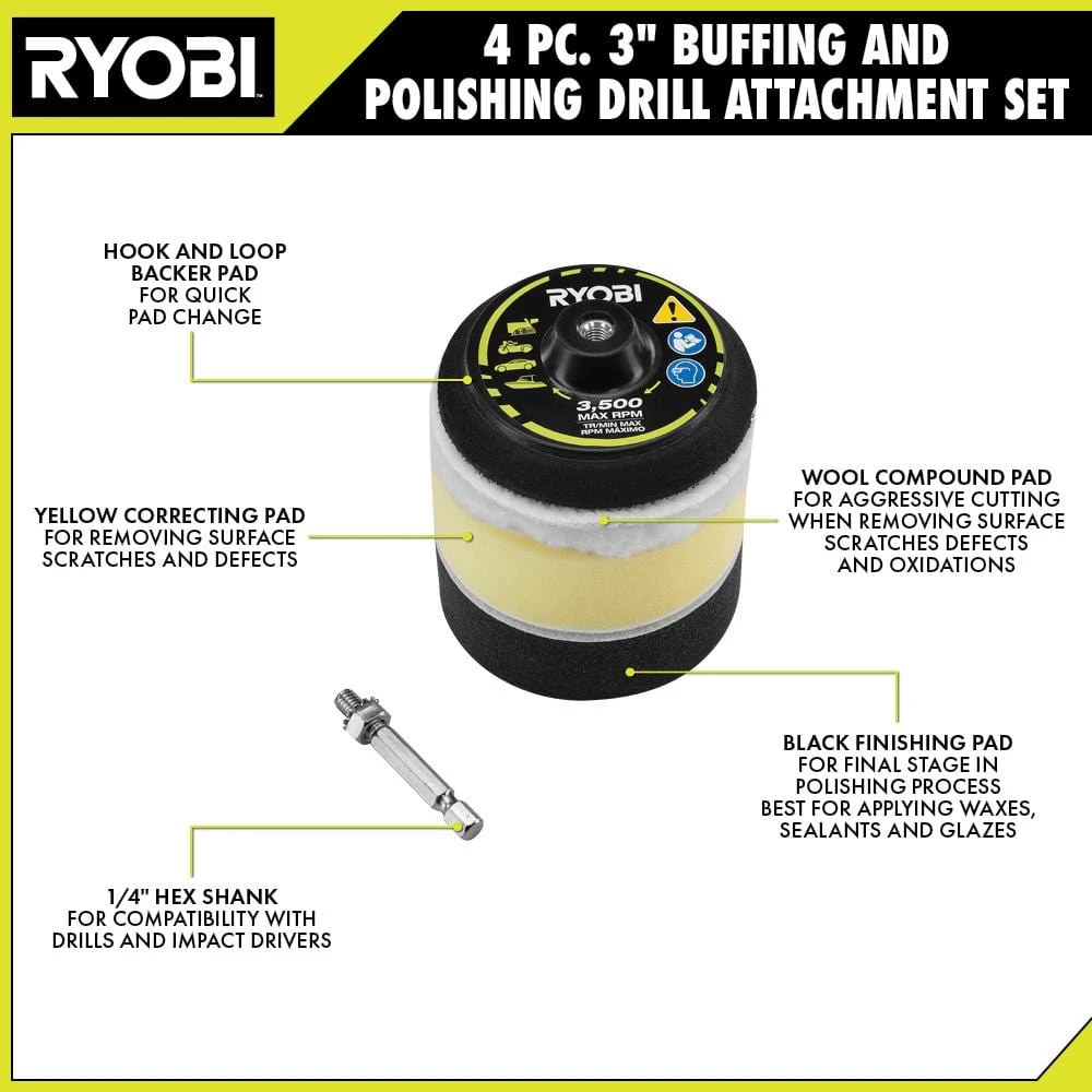 Ryobi Buffing And Polishing Drill Attachment Set (4-Piece) 3 Ryobi Buffing And Polishing Drill Attachment Set (4-Piece) - Image 3