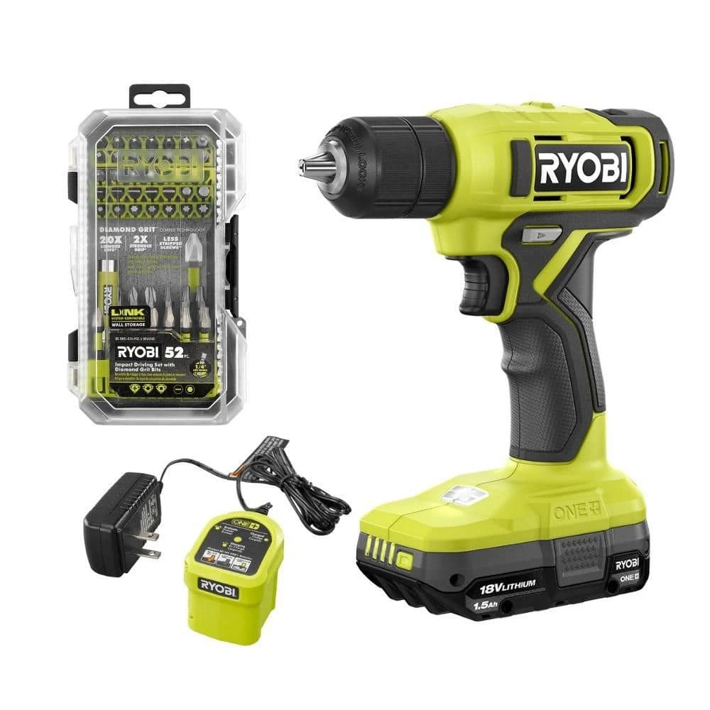 Ryobi ONE+ 18V Cordless 3/8 In. Drill/Driver Kit With 1.5 Ah Battery, Charger, And Diamond Grit Driving Set (52-Piece) 1 Ryobi ONE+ 18V Cordless 3/8 In. Drill/Driver Kit With 1.5 Ah Battery, Charger, And Diamond Grit Driving Set (52-Piece)