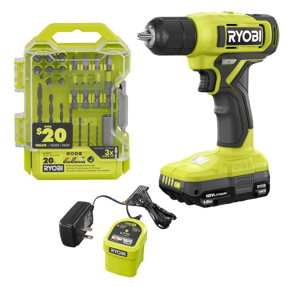 Ryobi ONE+ 18V Cordless 3/8 In. Drill/Driver Kit With 1.5 Ah Battery, Charger, And Drill And Impact Drive Kit (20-Piece) 1 Ryobi ONE+ 18V Cordless 3/8 In. Drill/Driver Kit With 1.5 Ah Battery, Charger, And Drill And Impact Drive Kit (20-Piece)