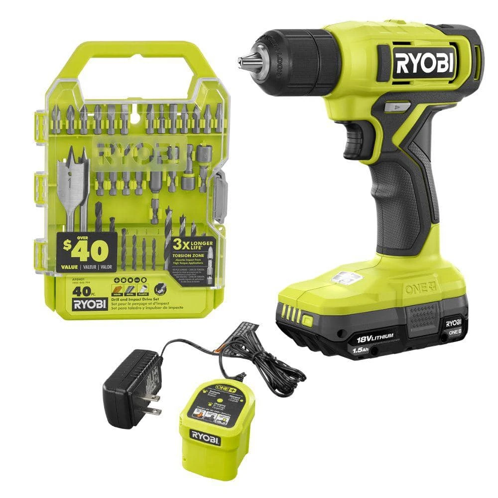Ryobi ONE+ 18V Cordless 3/8 In. Drill/Driver Kit With 1.5 Ah Battery, Charger, And Drill And Impact Drive Kit (40-Piece) 1 Ryobi ONE+ 18V Cordless 3/8 In. Drill/Driver Kit With 1.5 Ah Battery, Charger, And Drill And Impact Drive Kit (40-Piece)