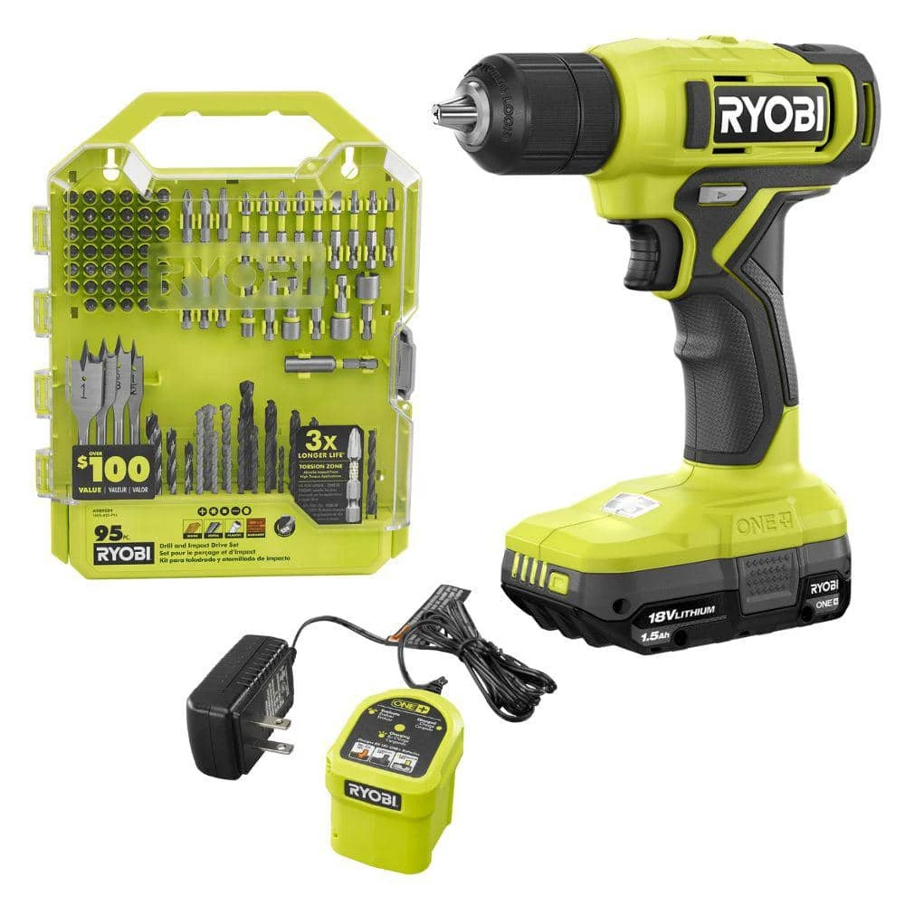 Ryobi ONE+ 18V Cordless 3/8 In. Drill/Driver Kit With 1.5 Ah Battery, Charger, And Drill And Drive Kit (95-Piece) 1 Ryobi ONE+ 18V Cordless 3/8 In. Drill/Driver Kit With 1.5 Ah Battery, Charger, And Drill And Drive Kit (95-Piece)