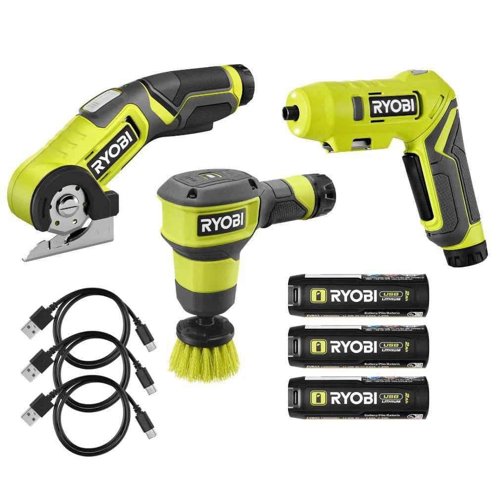 Ryobi USB Lithium 3-Tool Combo Kit With Cutter, Scrubber, Screwdriver, (3) 2.0 Ah USB Lithium Batteries, & (3) Charging Cables 1 Ryobi USB Lithium 3-Tool Combo Kit With Cutter, Scrubber, Screwdriver, (3) 2.0 Ah USB Lithium Batteries, & (3) Charging Cables