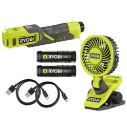 Ryobi USB Lithium 2-Tool Combo Kit With Clamp Fan, Inflator, (2) 2.0 Ah USB Lithium Batteries, And (2) Charging Cables