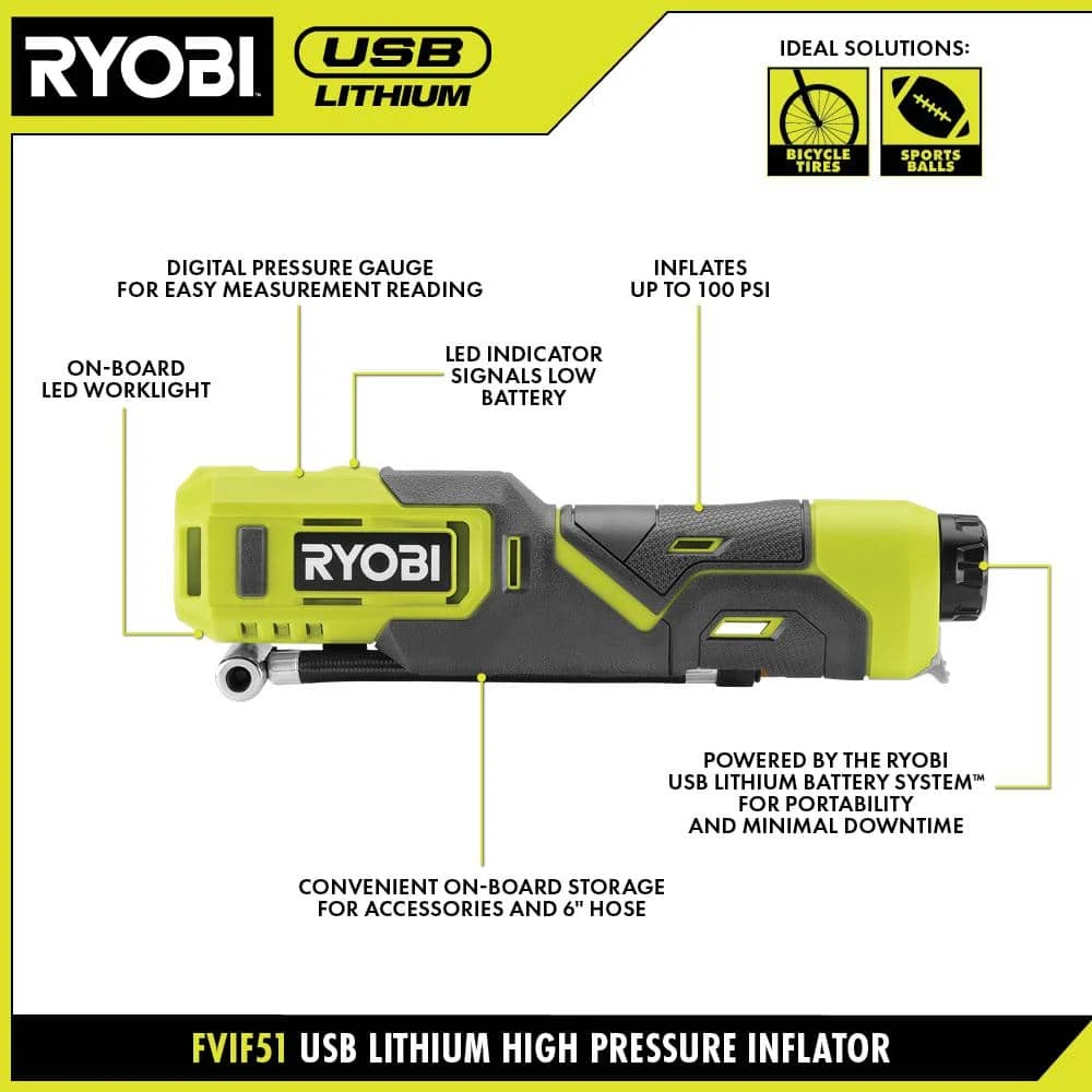 Ryobi USB Lithium 2-Tool Combo Kit With Inflator, Flashlight, (2) 2.0 Ah USB Lithium Batteries, & (2) Charging Cables 3 Ryobi USB Lithium 2-Tool Combo Kit With Inflator, Flashlight, (2) 2.0 Ah USB Lithium Batteries, & (2) Charging Cables - Image 3