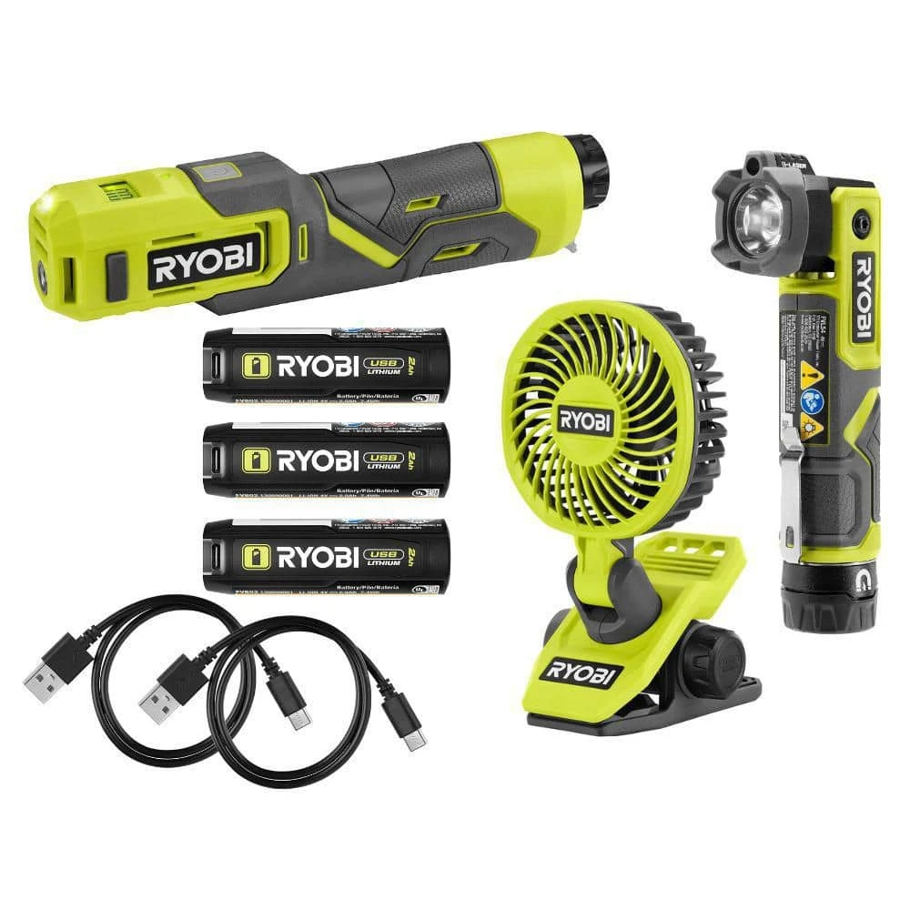 Ryobi USB Lithium 3-Tool Combo Kit With Fan, Flashlight, Inflator, (3) 2.0 Ah USB Lithium Batteries, & (3) Charging Cables 1 Ryobi USB Lithium 3-Tool Combo Kit With Fan, Flashlight, Inflator, (3) 2.0 Ah USB Lithium Batteries, & (3) Charging Cables