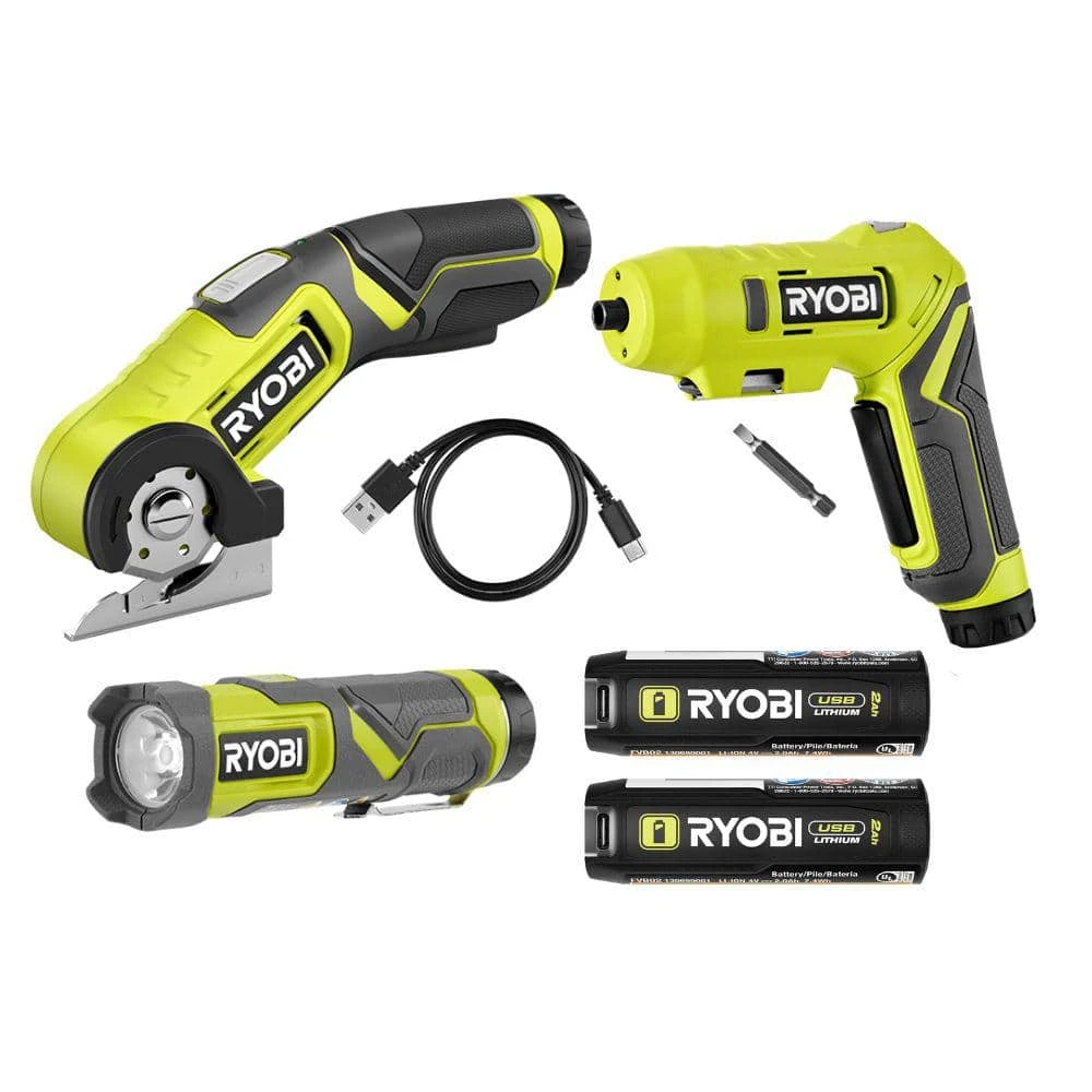 Ryobi USB Lithium 3-Tool Combo Kit With Flashlight, Screwdriver, Power Cutter, (2) 2 Ah Batteries, And Charging Cord 1 Ryobi USB Lithium 3-Tool Combo Kit With Flashlight, Screwdriver, Power Cutter, (2) 2 Ah Batteries, And Charging Cord