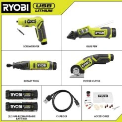 Ryobi USB Lithium 4-Tool Combo Kit With Screwdriver, Glue Pen, Rotary Tool, Power Cutter, (2) Batteries, And Charger -RYOBI TOOLS SALE ryobi power tool combo kits fvk102k2 c3 1000