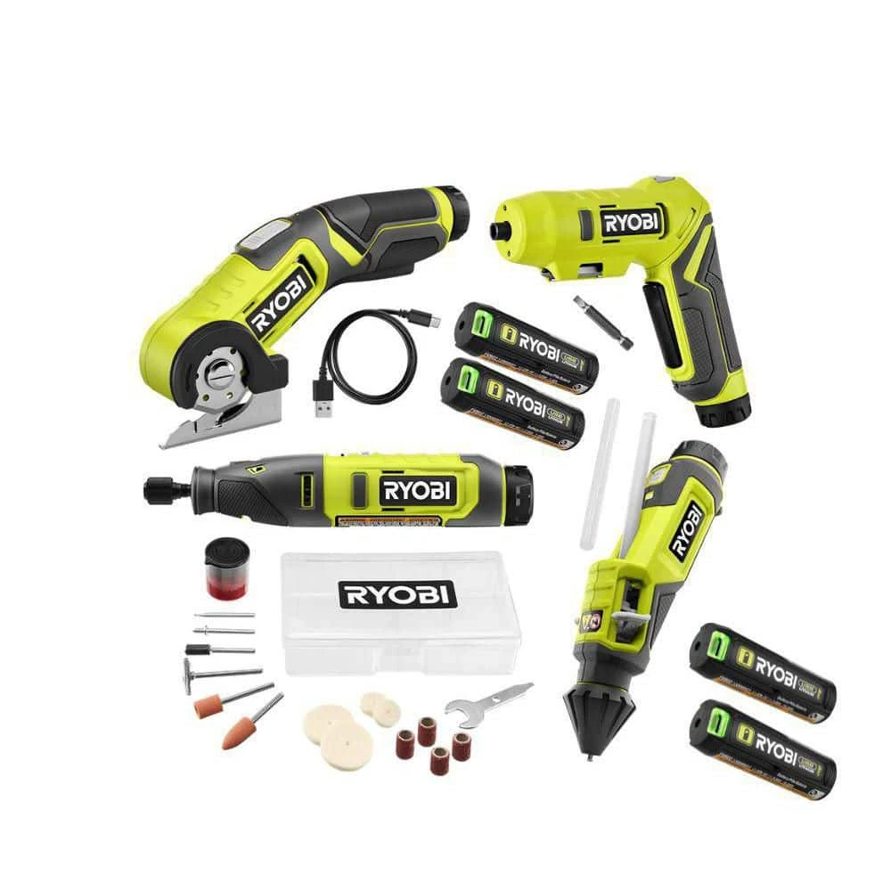 Ryobi USB Lithium 4Tool Combo Kit W/Screwdriver, Glue Pen, Rotary Tool, Power Cutter, Batteries, Charger &(2) 3.0 Ah Batteries 1 Ryobi USB Lithium 4Tool Combo Kit W/Screwdriver, Glue Pen, Rotary Tool, Power Cutter, Batteries, Charger &(2) 3.0 Ah Batteries