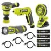 Ryobi USB Lithium Cordless 4-Tool Combo Kit With Screwdriver, Fan, Scrubber, Flashlight, (4) 2Ah Batteries, And Charging Cords
