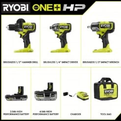 Ryobi ONE+ HP 18V Brushless Cordless 3-Tool Combo Kit W/Hammer Drill, Impact Driver, Impact Wrench, Batteries, Charger, & Bag -RYOBI TOOLS SALE ryobi power tool combo kits pblck02k p262 de 1000