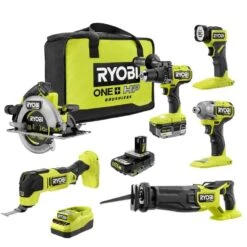 Ryobi ONE+ 18V Cordless 6-Tool Combo Kit With (2) Batteries, Charger, Accessories, And Tool Bag