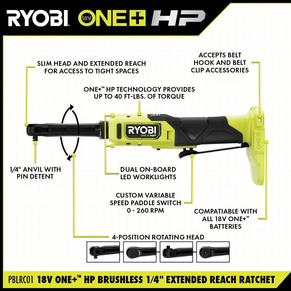 Ryobi ONE+ 18V Brushless Cordless 2-Tool Combo Kit W/1/4 In Extended Reach Ratchet & 3/8 In Extended Reach Ratchet (ToolsOnly) 3 Ryobi ONE+ 18V Brushless Cordless 2-Tool Combo Kit W/1/4 In Extended Reach Ratchet & 3/8 In Extended Reach Ratchet (ToolsOnly) - Image 3