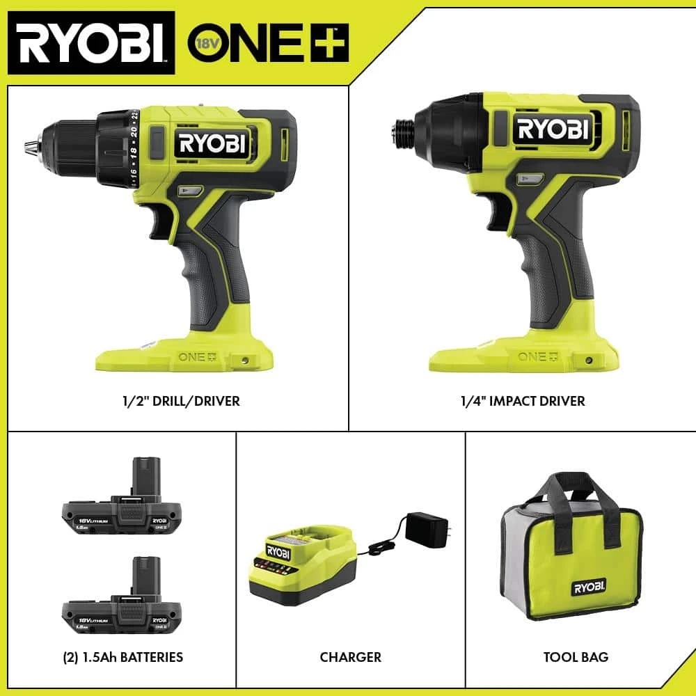 Ryobi ONE+ 18V Cordless 2-Tool Combo Kit With Drill/Driver, Impact Driver, (2) Batteries, Charger, & Wire Wheel Set (6-Piece) 2 Ryobi ONE+ 18V Cordless 2-Tool Combo Kit With Drill/Driver, Impact Driver, (2) Batteries, Charger, & Wire Wheel Set (6-Piece) - Image 2