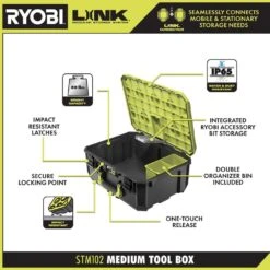 Ryobi ONE+ 18V Cordless 2-Tool Combo Kit W/ Drill/Driver, Impact Driver, (2) 1.5 Ah Batteries, Charger & LINK Medium Tool Box -RYOBI TOOLS SALE ryobi power tool combo kits pcl1200k2 stm102 1d 1000