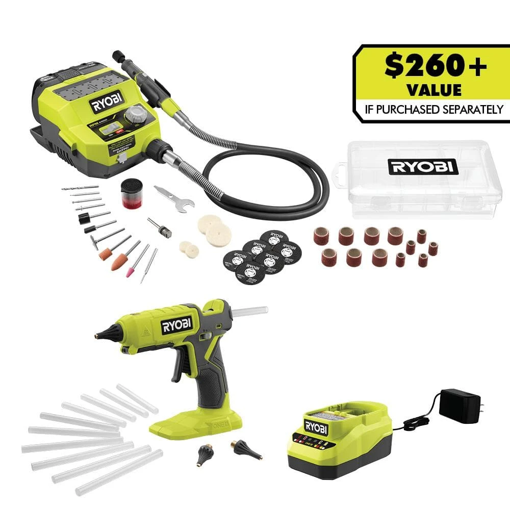 Ryobi ONE+ 18V Cordless 2- Tool Combo Kit With Rotary Tool Station, Dual Temperature Glue Gun, 2.0 Ah Battery And Charger 1 Ryobi ONE+ 18V Cordless 2- Tool Combo Kit With Rotary Tool Station, Dual Temperature Glue Gun, 2.0 Ah Battery And Charger