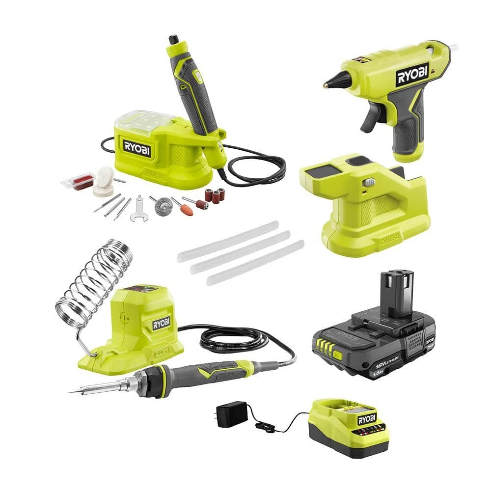 Ryobi ONE+ 18V Cordless 3-Tool Hobby Kit With Compact Glue Gun, Soldering Iron, Rotary Tool, 1.5 Ah Battery, And Charger 1 Ryobi ONE+ 18V Cordless 3-Tool Hobby Kit With Compact Glue Gun, Soldering Iron, Rotary Tool, 1.5 Ah Battery, And Charger