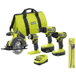 Ryobi ONE+ 18V Cordless 4-Tool Combo Kit With 1.5 Ah Battery, 4.0 Ah Battery, Charger, And 11 In. Flexible Shaft Bit Holder