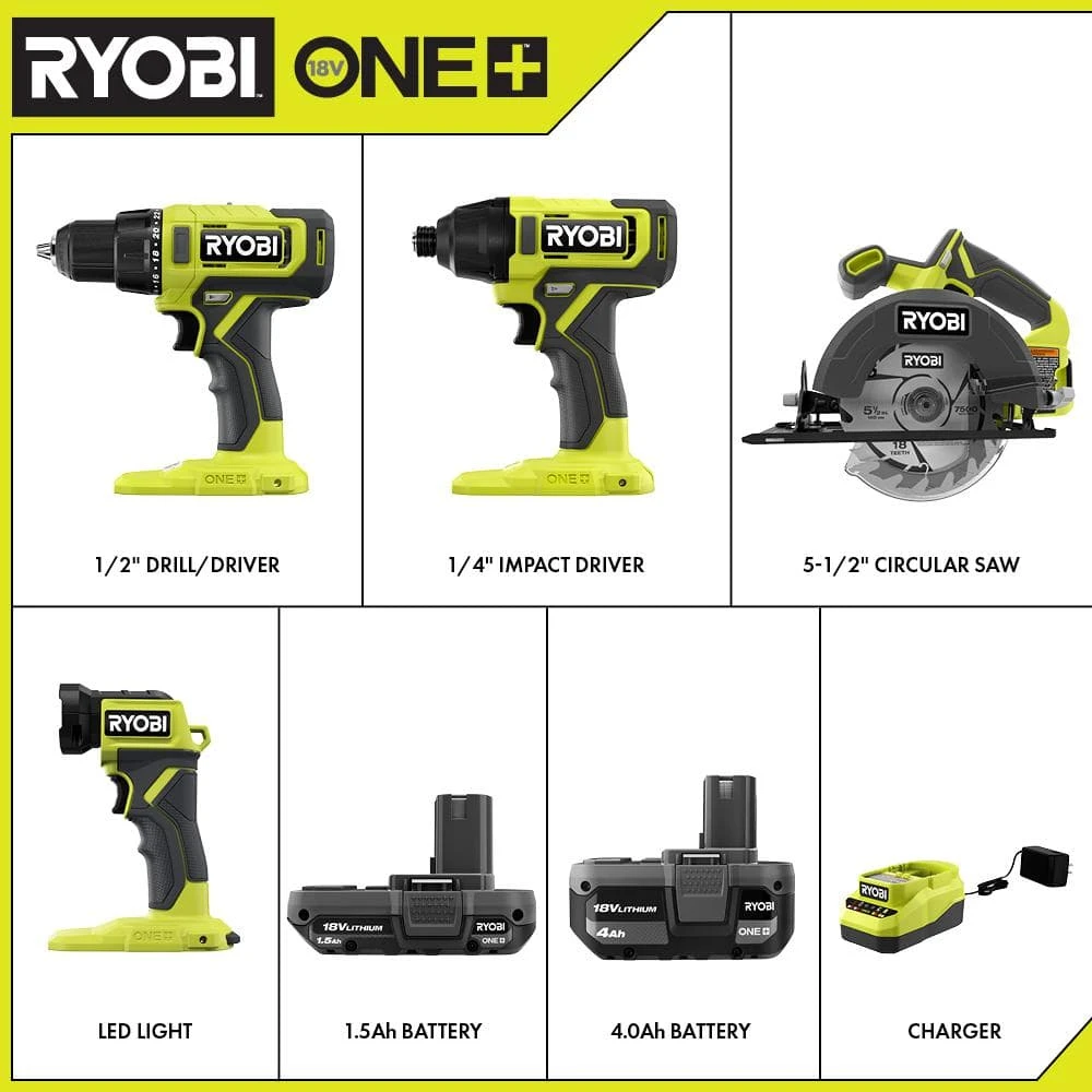 Ryobi ONE+ 18V Cordless 4-Tool Combo Kit With 1.5 Ah Battery, 4.0 Ah Battery, Charger, And 22-Piece Titanium Drilling Set 2 Ryobi ONE+ 18V Cordless 4-Tool Combo Kit With 1.5 Ah Battery, 4.0 Ah Battery, Charger, And 22-Piece Titanium Drilling Set - Image 2