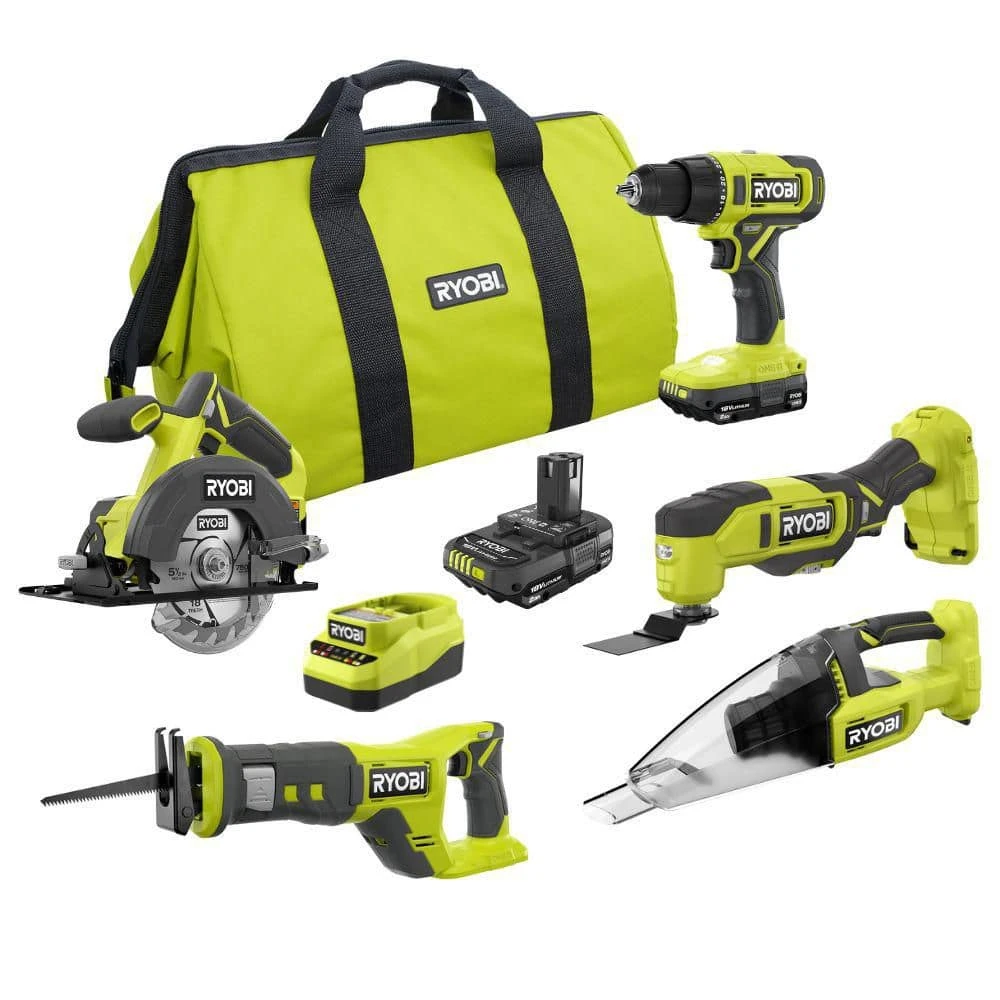 Ryobi ONE+ 18V Lithium-Ion Cordless 5-Tool Combo Kit Special Buy With (2) 2 Ah Batteries, Charger And Tool Bag 1 Ryobi ONE+ 18V Lithium-Ion Cordless 5-Tool Combo Kit Special Buy With (2) 2 Ah Batteries, Charger And Tool Bag