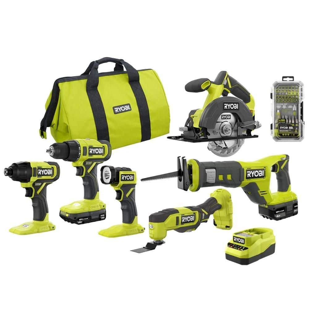 Ryobi ONE+ 18V Cordless 6-Tool Combo Kit With 1.5 Ah Battery, 4.0 Ah Battery, Charger, And Diamond Grit Driving Set (52-Piece) 1 Ryobi ONE+ 18V Cordless 6-Tool Combo Kit With 1.5 Ah Battery, 4.0 Ah Battery, Charger, And Diamond Grit Driving Set (52-Piece)