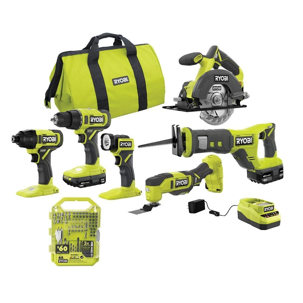 Ryobi ONE+ 18V Cordless 6-Tool Combo Kit With 1.5 Ah And 4.0 Ah Batteries, Charger, And 65-Piece Drill And Impact Drive Kit 1 Ryobi ONE+ 18V Cordless 6-Tool Combo Kit With 1.5 Ah And 4.0 Ah Batteries, Charger, And 65-Piece Drill And Impact Drive Kit