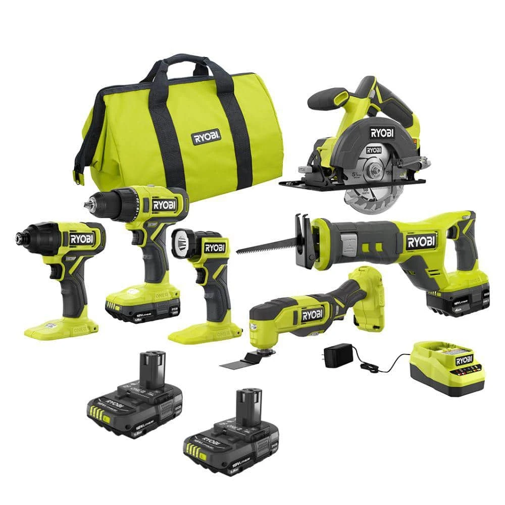 Ryobi ONE+ 18V Cordless 6-Tool Combo Kit With 1.5 Ah Battery, 4.0 Ah Battery, Charger, And 2.0 Ah Battery (2-Pack) 1 Ryobi ONE+ 18V Cordless 6-Tool Combo Kit With 1.5 Ah Battery, 4.0 Ah Battery, Charger, And 2.0 Ah Battery (2-Pack)