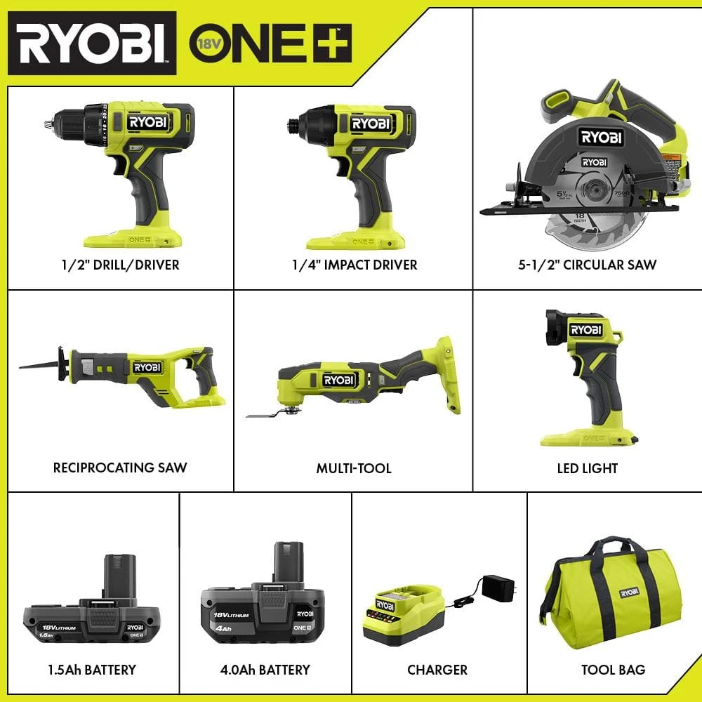 Ryobi ONE+ 18V Cordless 6-Tool Combo Kit With 1.5 Ah Battery, 4.0 Ah Battery, Charger, And 2.0 Ah Battery (2-Pack) 2 Ryobi ONE+ 18V Cordless 6-Tool Combo Kit With 1.5 Ah Battery, 4.0 Ah Battery, Charger, And 2.0 Ah Battery (2-Pack) - Image 2