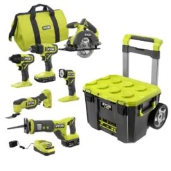 Ryobi ONE+ 18V Cordless 6-Tool Combo Kit With 1.5 Ah Battery, 4.0 Ah Battery, Charger, And LINK Rolling Tool Box