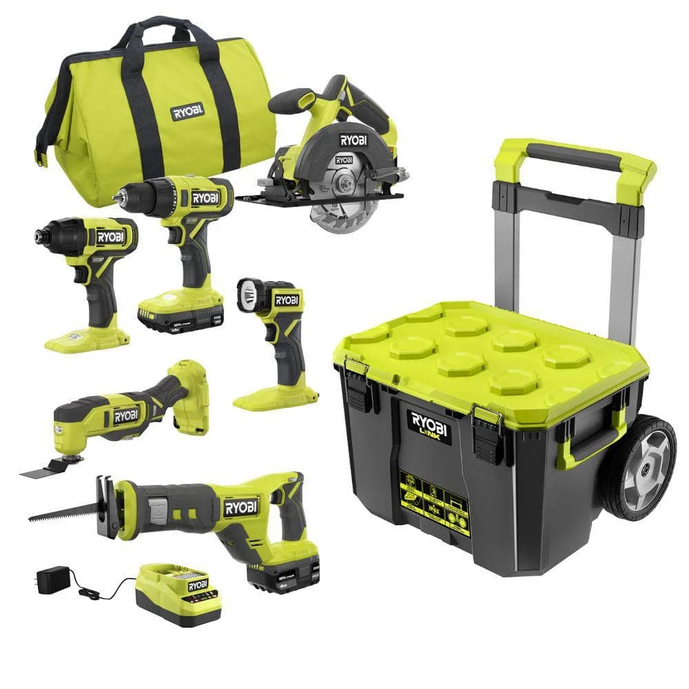 Ryobi ONE+ 18V Cordless 6-Tool Combo Kit With 1.5 Ah Battery, 4.0 Ah Battery, Charger, And LINK Rolling Tool Box 1 Ryobi ONE+ 18V Cordless 6-Tool Combo Kit With 1.5 Ah Battery, 4.0 Ah Battery, Charger, And LINK Rolling Tool Box