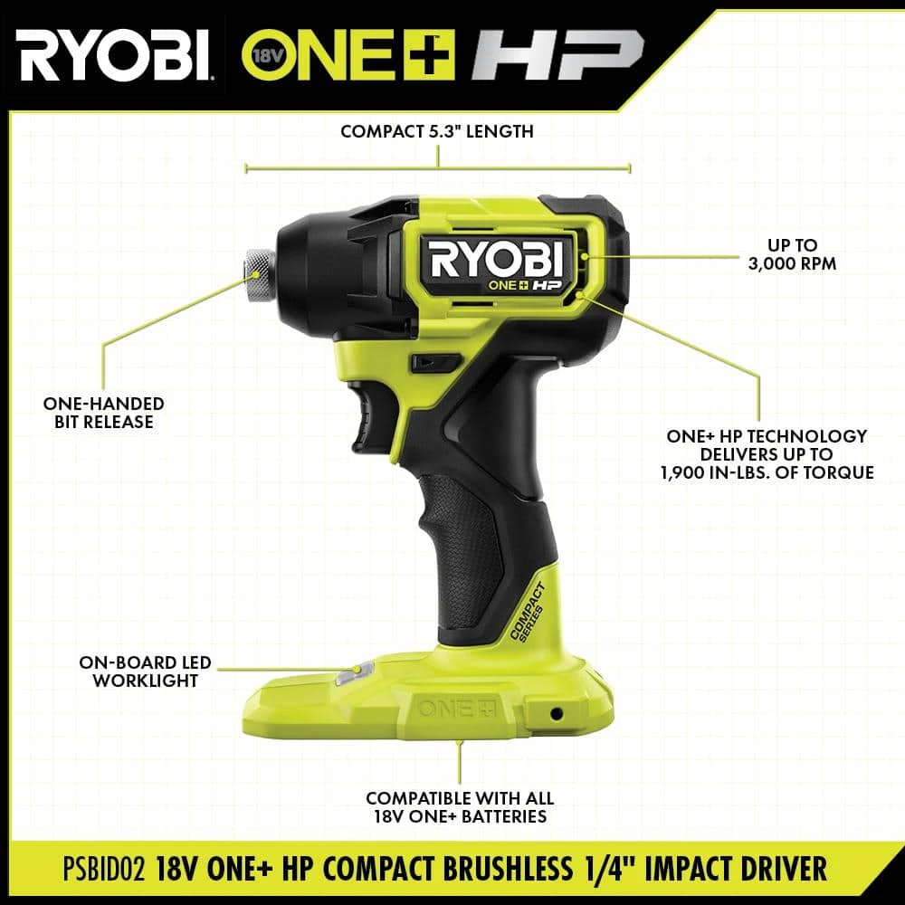 Ryobi ONE+ HP 18V Brushless Cordless Compact 2-Tool Combo Kit W/(2) Batteries, Charger, Bag & 11 In. Flexible Shaft Bit Holder 3 Ryobi ONE+ HP 18V Brushless Cordless Compact 2-Tool Combo Kit W/(2) Batteries, Charger, Bag & 11 In. Flexible Shaft Bit Holder - Image 3