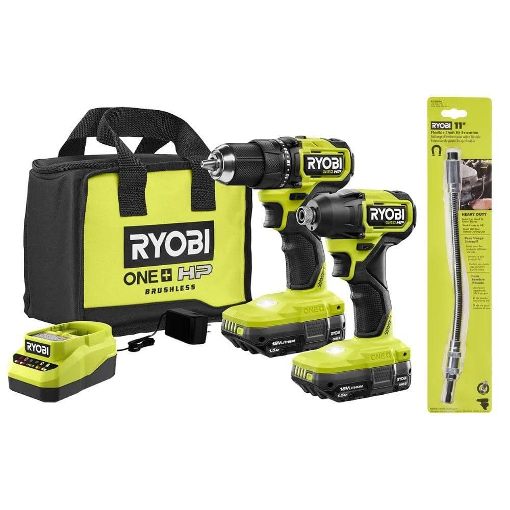 Ryobi ONE+ HP 18V Brushless Cordless Compact 2-Tool Combo Kit W/(2) Batteries, Charger, Bag & 11 In. Flexible Shaft Bit Holder 1 Ryobi ONE+ HP 18V Brushless Cordless Compact 2-Tool Combo Kit W/(2) Batteries, Charger, Bag & 11 In. Flexible Shaft Bit Holder