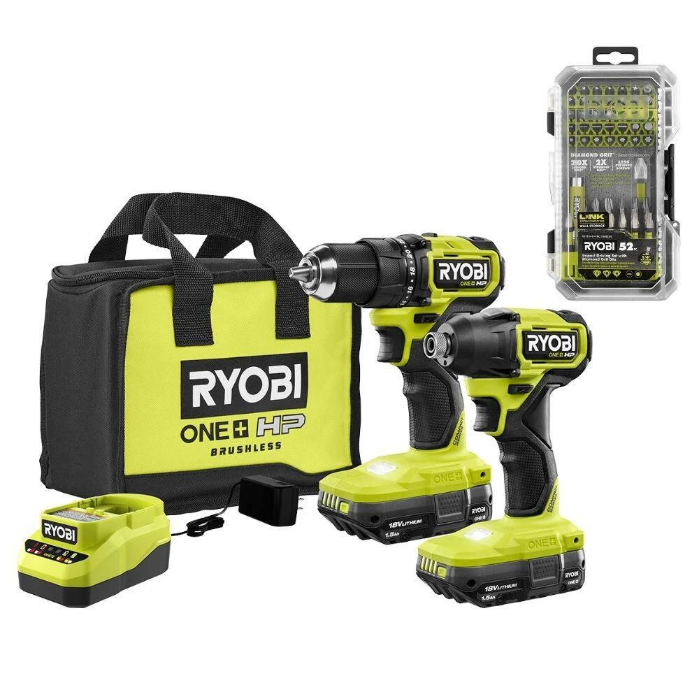 Ryobi ONE+ HP 18V Brushless Cordless Compact 2-Tool Combo Kit W/(2) Batteries, Charger, Bag & Diamond Grit Driving Set (52PC) 1 Ryobi ONE+ HP 18V Brushless Cordless Compact 2-Tool Combo Kit W/(2) Batteries, Charger, Bag & Diamond Grit Driving Set (52PC)