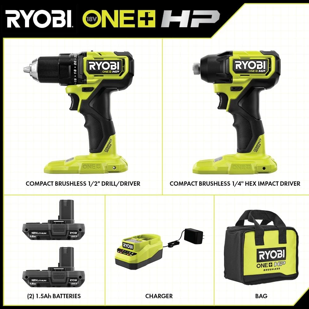 Ryobi ONE+ HP 18V Brushless Cordless Compact 2-Tool Combo Kit W/(2) Batteries, Charger, Bag & Diamond Grit Driving Set (52PC) 2 Ryobi ONE+ HP 18V Brushless Cordless Compact 2-Tool Combo Kit W/(2) Batteries, Charger, Bag & Diamond Grit Driving Set (52PC) - Image 2