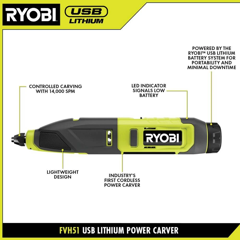 Ryobi USB Lithium Power Carver Kit With 2.0 Ah USB Lithium Battery And Charging Cable 3 Ryobi USB Lithium Power Carver Kit With 2.0 Ah USB Lithium Battery And Charging Cable - Image 3