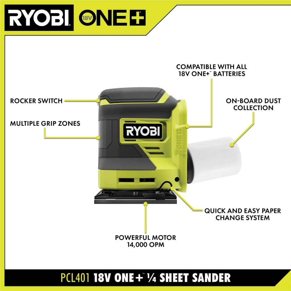 Ryobi ONE+ 18V Cordless 1/4 Sheet Sander (Tool Only) 3 Ryobi ONE+ 18V Cordless 1/4 Sheet Sander (Tool Only) - Image 3