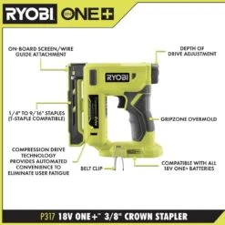 Ryobi ONE+ 18V Cordless Compression Drive 3/8 In. Crown Stapler Kit With 2.0 Ah Battery And Charger -RYOBI TOOLS SALE ryobi staple guns p317k1n 40 1000