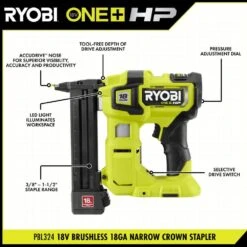 Ryobi ONE+ HP 18V Brushless Cordless 18-Gauge Narrow Crown Stapler (Tool Only) -RYOBI TOOLS SALE ryobi staplers pbl324b 40 1000